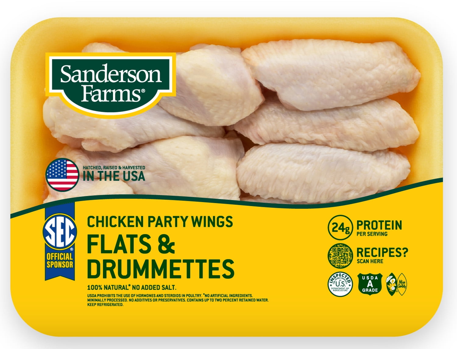 Sanderson Farms Fresh Chicken Party Wings, Flats & Drummettes, 24g Protein, 4oz 112g, 1.2 - 2 lb