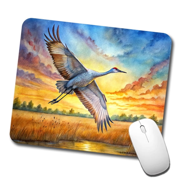 Sandhill Crane In Flight At Sunset Watercolor Mouse Pad Low Profile Gaming Mat