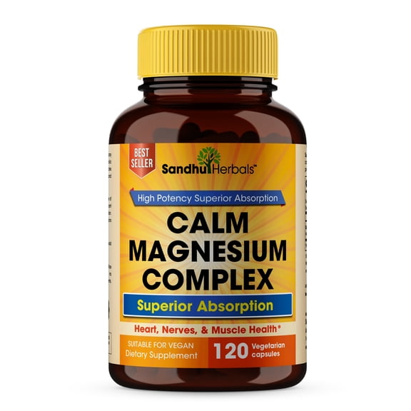 Sandhu Herbals Calm Magnesium Complex Veg Capsules 120 Ct-Support Heart,Nerves & Muscle Health