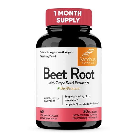 Sandhu's Beet Root Powder Capsules with Bioperine| Beetroot with Black Pepper & Grape Seed Extract| 60 Capsules, 30 Days Supply| Made in The USA