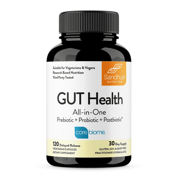 Sandhu's Gut Health Supplement, with Prebiotics + Probiotics + Postbiotic + L-Glutamine, 120 Ct