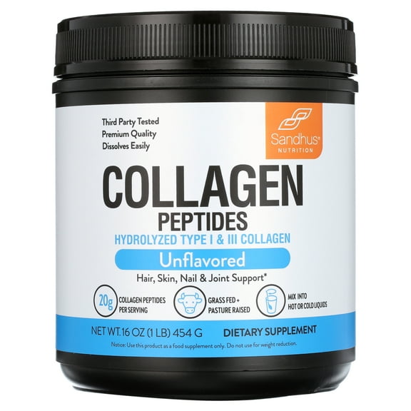 Sandhu's Hydrolyzed Grass Fed Collagen Peptides Powder, Unflavored, 20g Collagen per Serving, 1lb