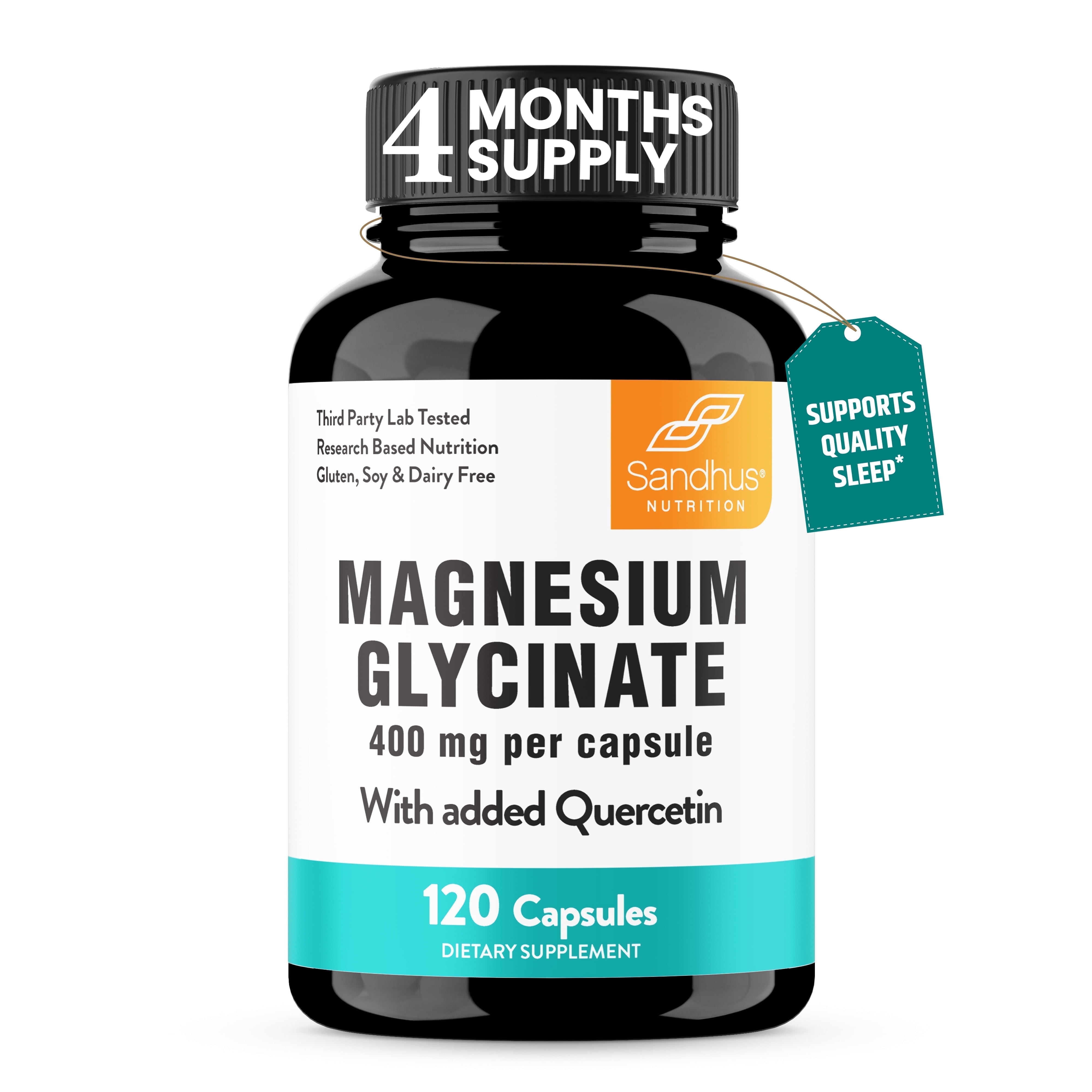 Magnesium Glycinate 400mg High Absorption Capsules with Quercetin | Quality Sleep Relaxation & Muscle Health Supplement for Women and Men | Chelated Magnesium 120 Count (Pack of 1) | Easy to Swallow