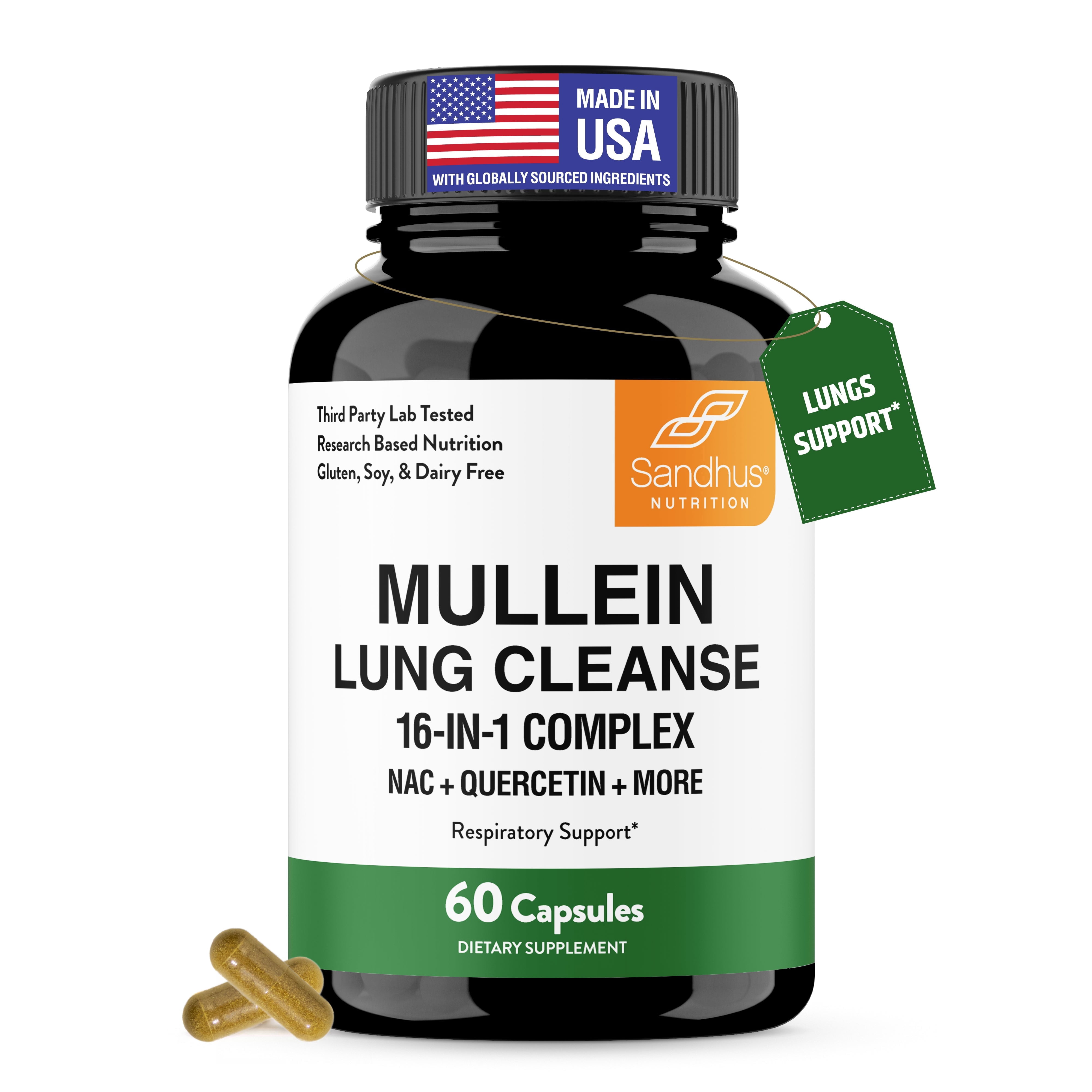 Sandhu's Mullein Capsules for Lungs with Quercetin | Mullein Leaf Extract Supplement for Immune, Lung & Respiratory Health Support | for Men & Women | 60 Count (Pack of 1)