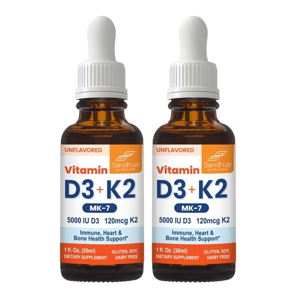 Sandhu's Vitamin D3 K2 Drops for Adults | 5000 IU D3 Liquid, 120mcg K2 Supplement 1 Fl Oz (Pack of 2) | D3K2 Supports Superior Absorption, Energy, Immune, Muscle Health for Men & Women