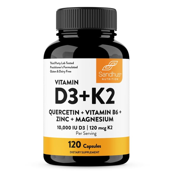 Sandhu's Vitamin D3 K2 Magnesium 10000 IU, 120mcg K2 Capsules 120 Count (Pack of 1) | with VIT B6, Zinc & Quercetin | D3K2 Supports Superior Absorption, Energy, Immune, Muscle Health for Men & Women