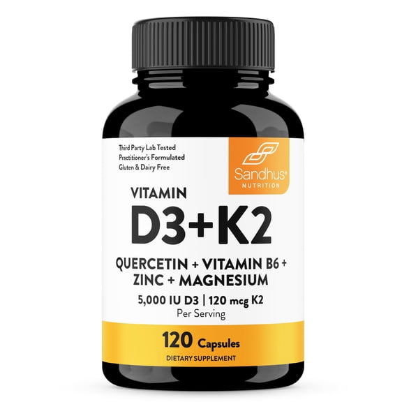 Sandhu's Vitamin D3 K2 Magnesium 5000 IU, 120mcg K2 Capsules 120 Count (Pack of 1) | with VIT B6, Zinc & Quercetin | D3K2 Supports Superior Absorption, Energy, Immune, Muscle Health for Men & Women