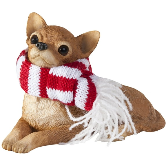 Sandicast XSO02803 Lying Tan Chihuahua With Red And White Scarf Christmas Ornament Sculpture