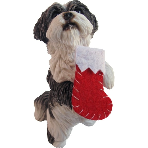 Sandicast Silver And White Shih Tzu Holding Stocking Christmas Ornament