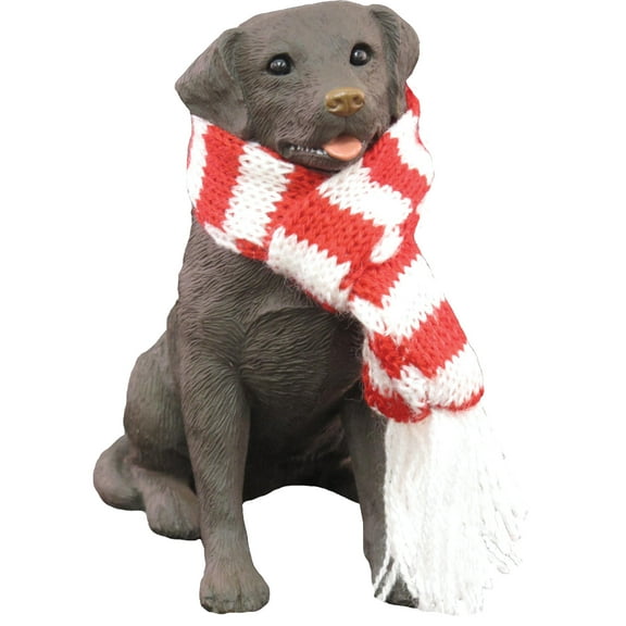 Sandicast XSO13012 Chocolate Labrador Retriever With Red And White Scarf Christmas Ornament Sculpture