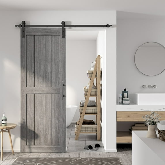 Sanding 30in./32in./36in./42in./48in.x 84in.MDF Barn Door With Sliding Hardware Kit ,Covered with Water-Proof PVC Surface 30in. x84in. - Grey