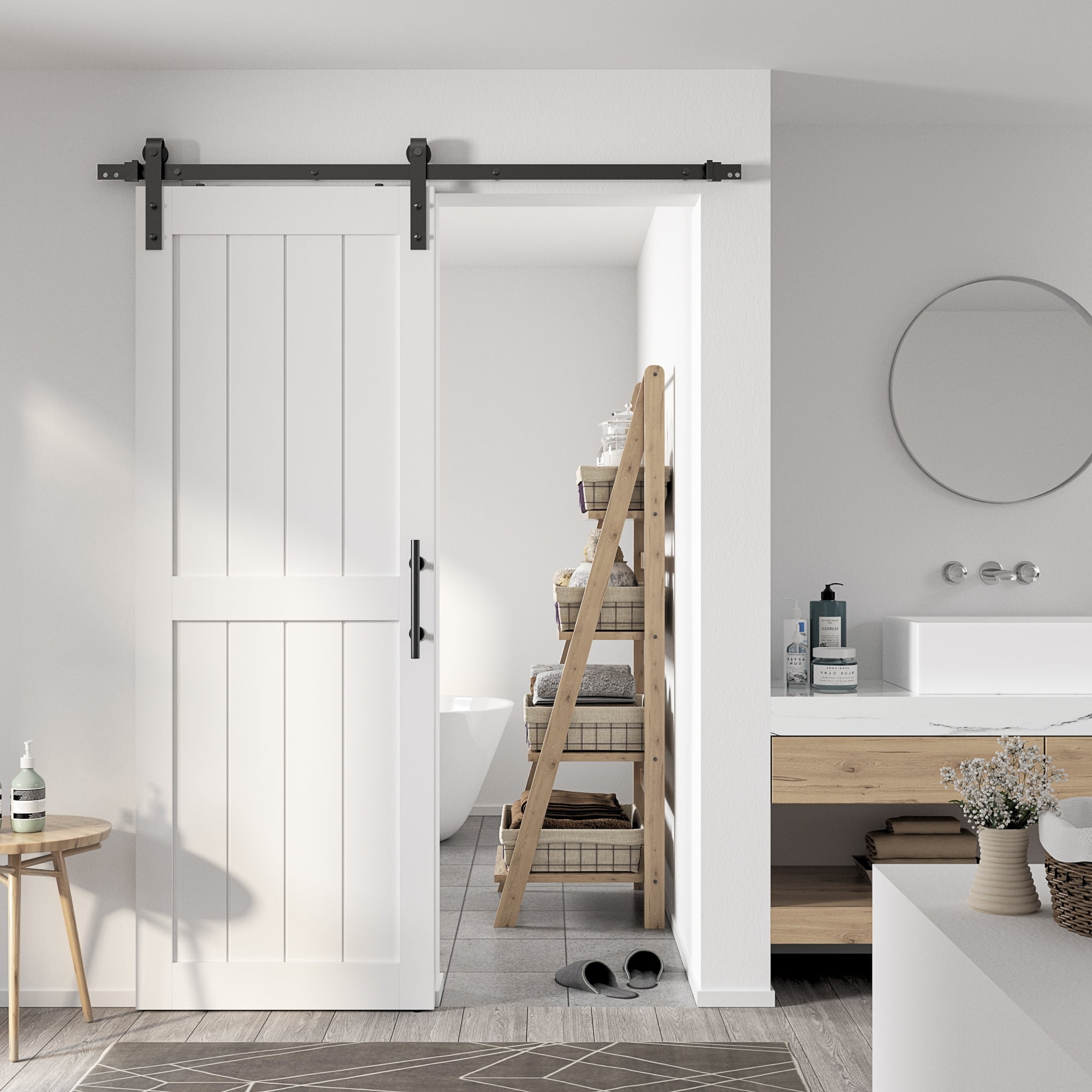 White PVC and MDF Sliding Barn Door with Hardware Kit, 30" x 84"