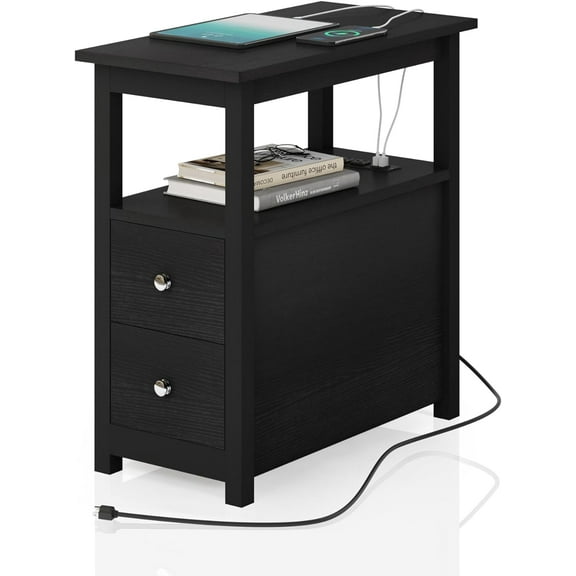 Sandinrayli End Table with Charging Station, Side Table with 2 Drawer & USB Ports & Power Outlets, Nightstand for Small Spaces, Bedside Tables for Living Room Black