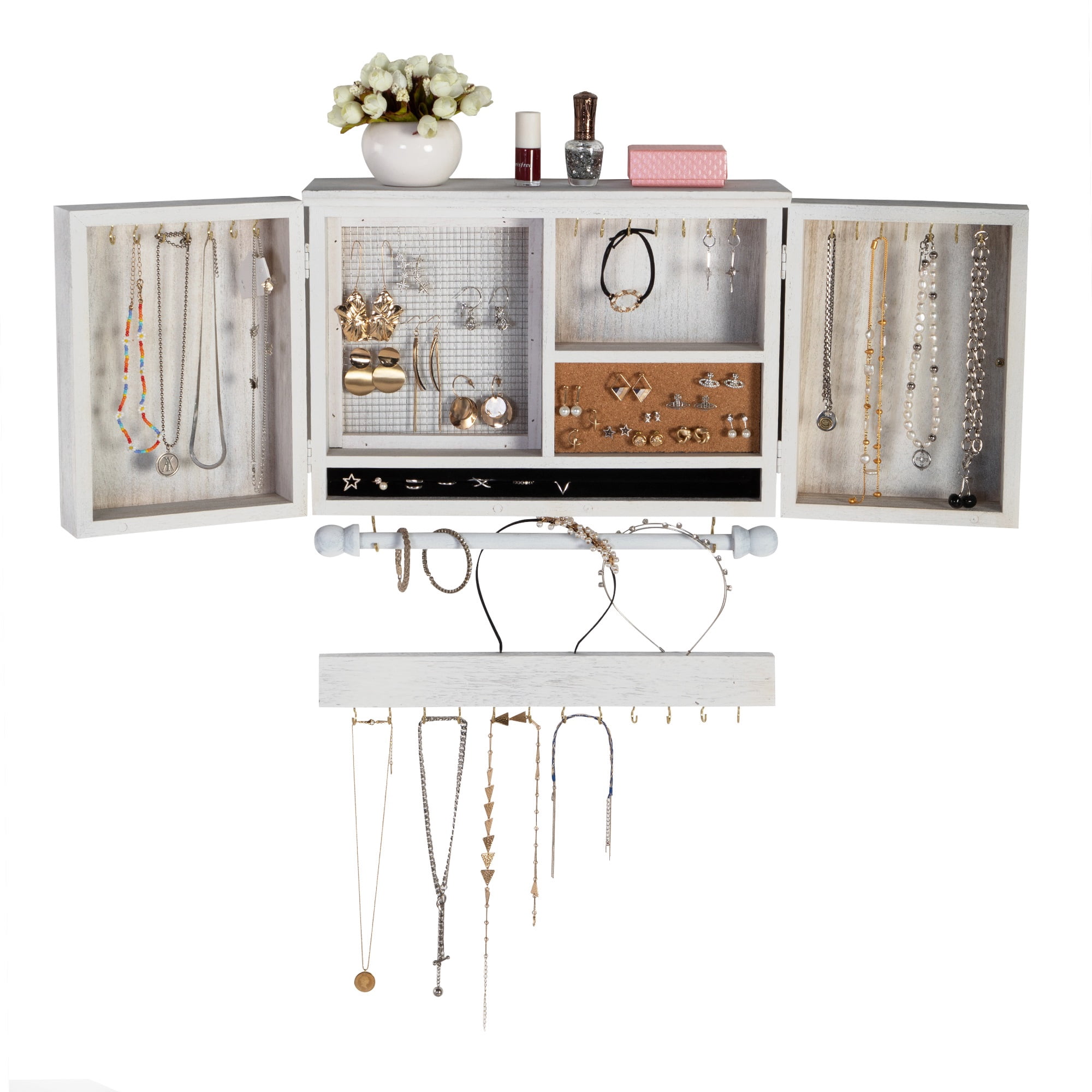 Sandinrayli Wall Mount Jewelry Organizer with Wooden Barn Doors, Rustic Jewelry Holder with Removable Hanging Rod for Earrings Bracelets Necklaces Ring Holder Includes Hook Organizer