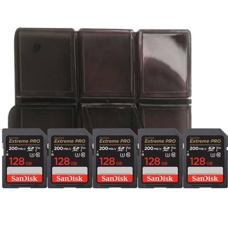 Sandisk Extreme Pro 128GB SDXC UHS-I V30 200MB/s Class 10 Memory Card - 5 Count + Memory Card Holder