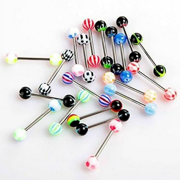 Sandistore 30PCS Colorful Stainless Steel Ball Barbell Tongue Rings Bars Piercing Cosmetic