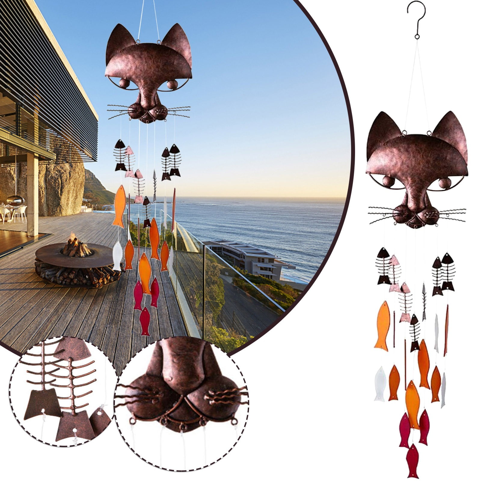 Sandistore Charming Cat And Fish Wind Chimes Handmade Metal Cat Fish