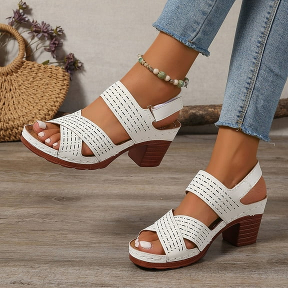 Sandles Oofoos Women's Fashion Casual Spring And Summer Comfortable Solid Color Fish Mouth Open Toe One-Line Buckle Thick Heel High Heel Sandals White
