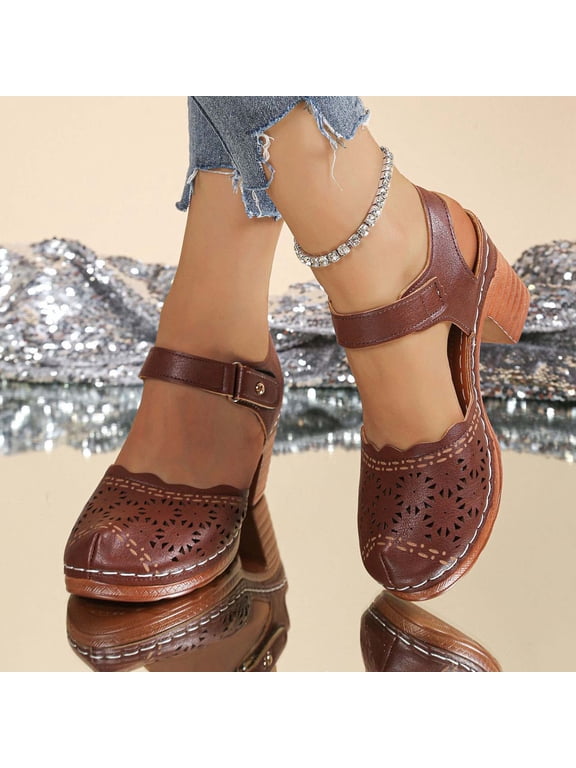 Sandles for Women Oofos Sandles Women's Fashionable Casual Versatile Baotou Hollow Spring And Summer Thick Heel Sandals Brown