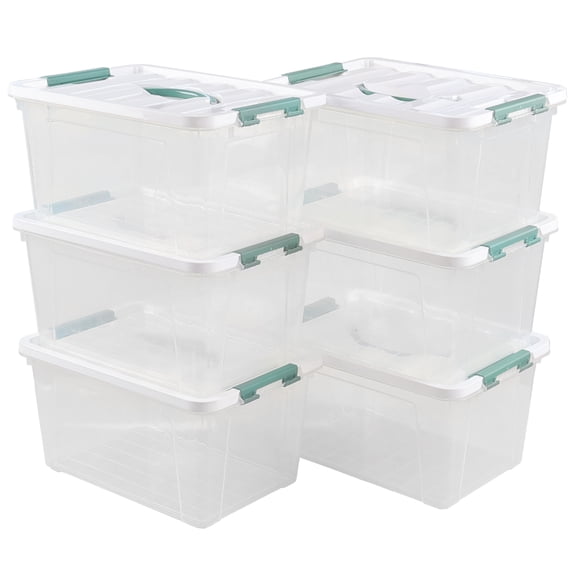 Sandmovie 14 Quarts Plastic Latching Box with Lid, Clear Latching Storage Bin with Handle, 6 Packs