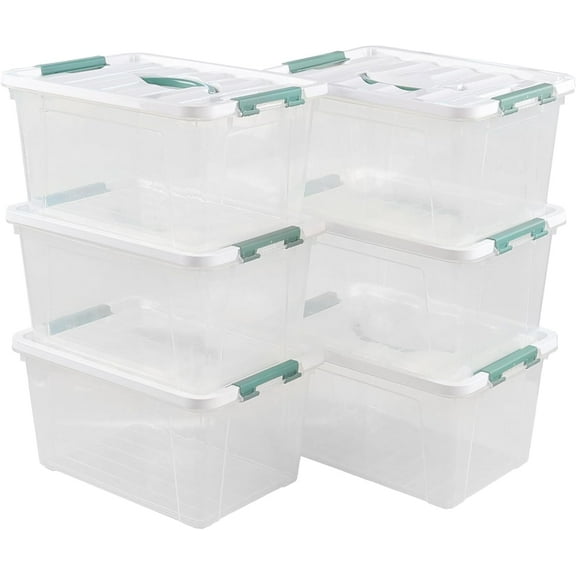 Sandmovie 14 Quarts Plastic Latching Box with Lid, Clear Latching Storage Bin with Handle, 6 Packs