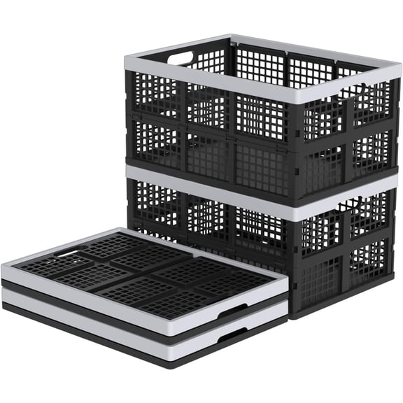 Sandmovie 4 Packs 66 L Large Plastic Collapsible Storage Crates, Folding Stackable Storage Crates