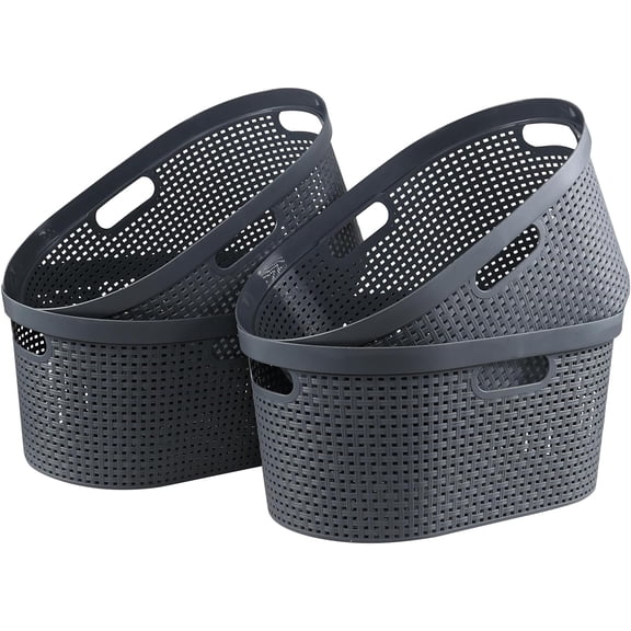 Sandmovie 4 Packs Plastic Laundry Baskets, Large Dirty Clothes Hampers with Cutout Handles, Grey, 42 L