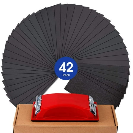 Sandpaper Sheets, 42 Pcs Sand Paper Assortment Pack, 120 to 3000 Grit Wet Dry Fine Sandpaper Assortment, Variety Abrasive Sanding Paper with Handle for Metal Wood Furniture Automotive Car Polishing