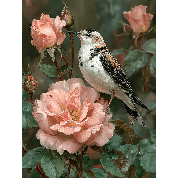 Sandpiper & Roses Canvas Print, Modern Oil Painting Style Floral Bird Art, Multi-Room Wall Decor