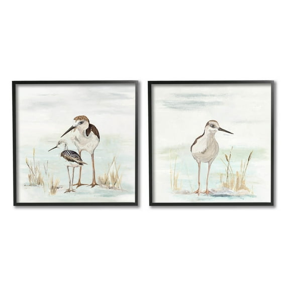 Sandpipers Among Beach Grasses Animals & Insects Graphic Art Black Framed Art Print Wall Art, Set of 2