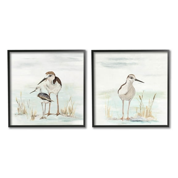 Sandpipers Among Beach Grasses Animals & Insects Graphic Art Black Framed Art Print Wall Art, Set of 2