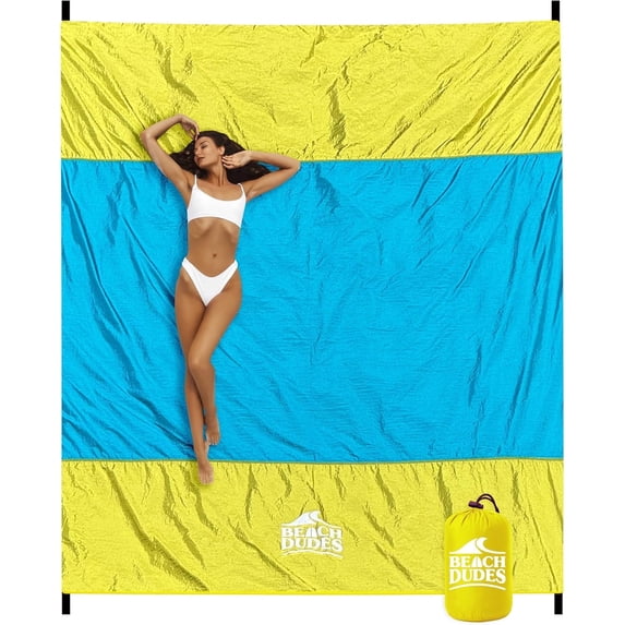 Sandproof Beach Blanket - Oversized 9'x7' XL Mat for Family | Waterproof, Quick-Dry Ripstop Nylon | Lightweight & Compact for Travel, Picnic, Camping w/ 4 Anchor Stakes & Carry Bag