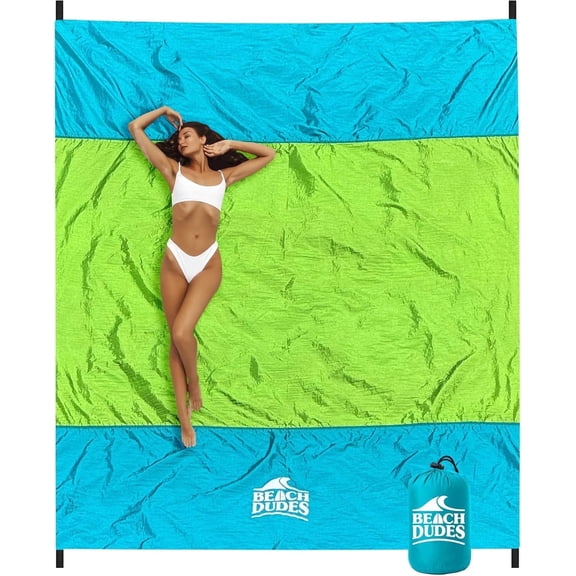 Sandproof Beach Blanket - Oversized 9'x7' XL Mat for Family | Waterproof, Quick-Dry Ripstop Nylon | Lightweight & Compact for Travel, Picnic, Camping w/ 4 Anchor Stakes & Carry Bag
