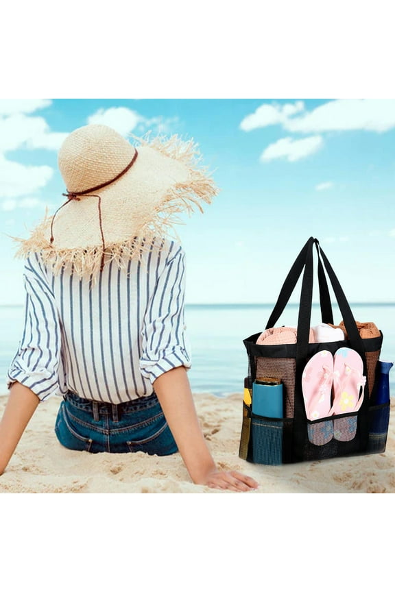 Sandproof Mesh Beach Bag Tote with Extra Large Pockets, Lightweight Ripstop Beach Pool Swim Toy Tote for Family Travel and Grocery Storage