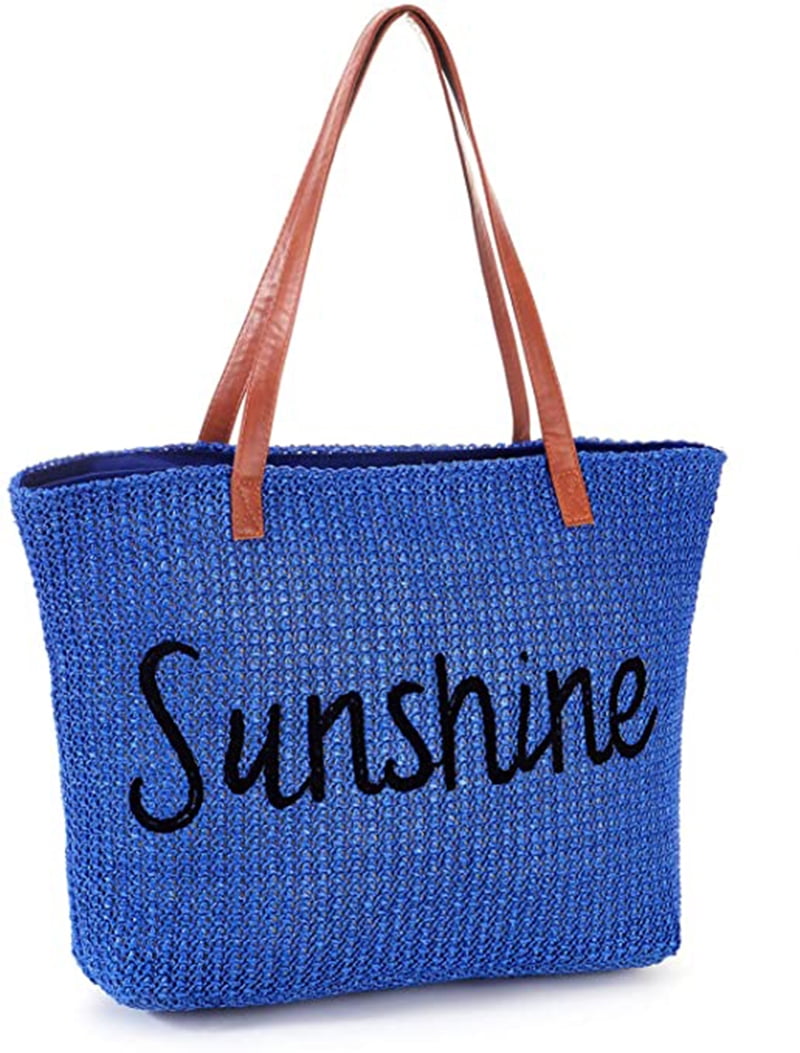 "Sandproof Straw Beach Bag with Zipper , Stitchwork Big Large Tote Bags