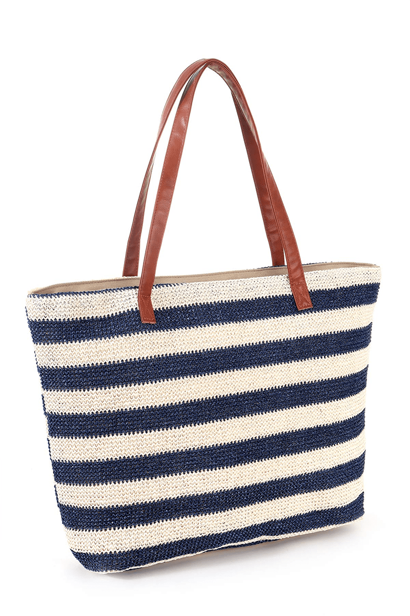 Sandproof Straw Beach Bag with Zipper Stripe Big Large Bags Tote with ...