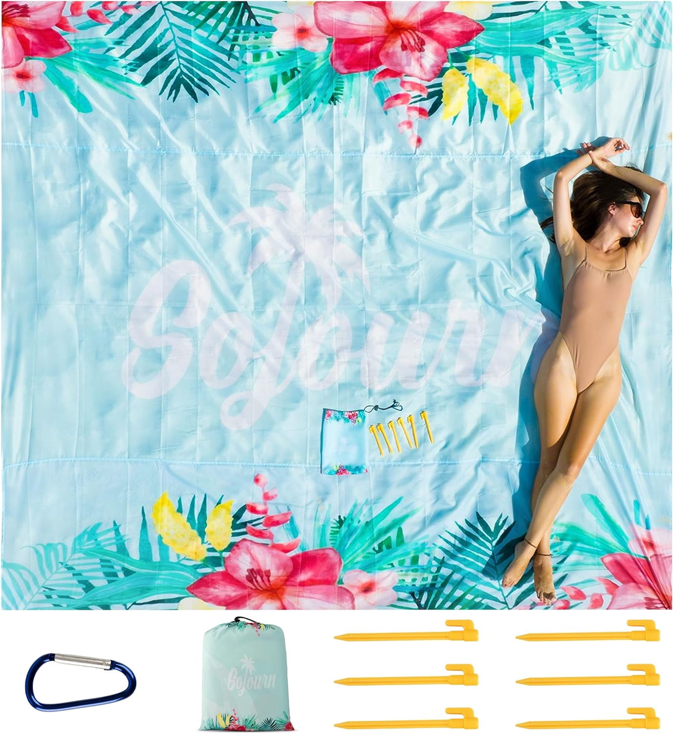 Rhino Valley Sandproof Beach Blanket 7x8 FT - Large Picnic Mat With Stakes & Carrying Bag