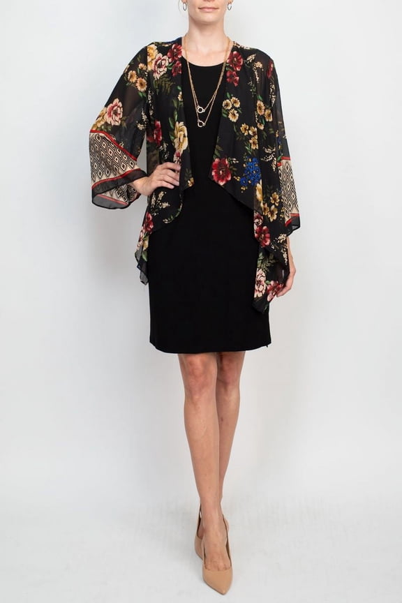 crew neck sleeveless chain detail solid matte jersey dress with attached multi print chiffon jacket-BLACK MULTI / S