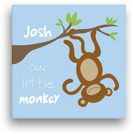 Sandra Magsamen Personalized Little Monkey Canvas Wall Art, 12" x 12", Blue