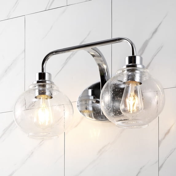 JONATHAN Y Sandrine 17.5" 2-Light Iron/Seeded Glass Cottage Rustic LED Vanity Light, Chrome