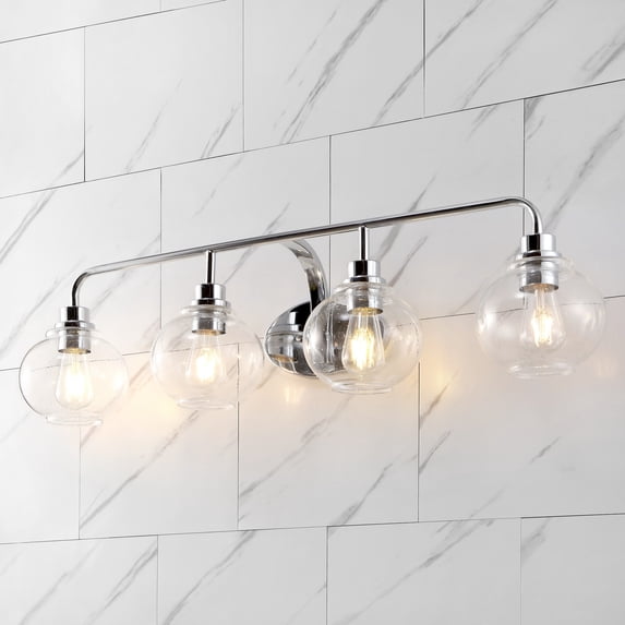 JONATHAN Y Sandrine 36" 4-Light Iron/Seeded Glass Cottage Rustic LED Vanity Light, Chrome