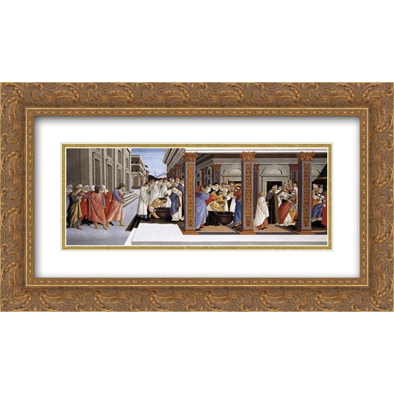 Sandro Botticelli 2x Matted 24x14 Gold Ornate Framed Art Print 'Baptism of St Zenobius and His Appointment as Bishop'