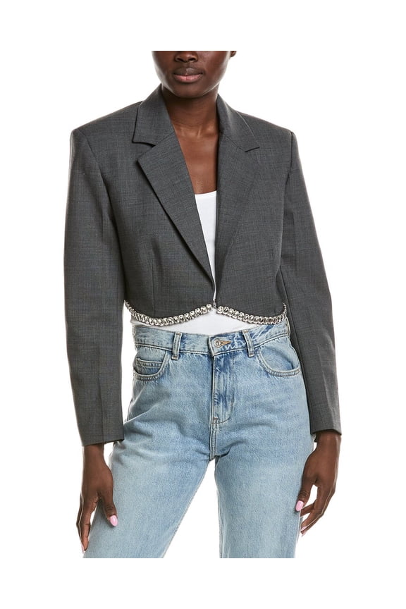 womens Embellished Hem Wool-Blend Blazer, 40, Grey