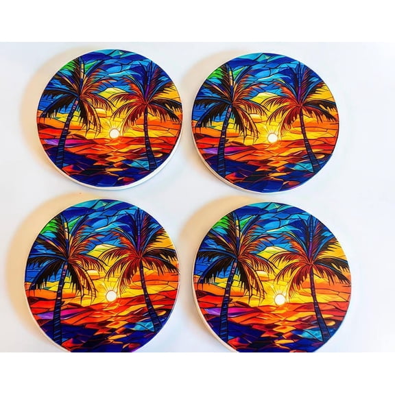 Sandstone Coaster | Vibrant Palm Tree Design | Beach-Inspired Drink Coasters & Kitchen Accessories
