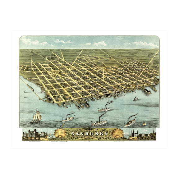 Sandusky Art, 1870 Vintage Map of Sandusky Ohio, OH History Wall Decor Gift, Old Sandusky Map - 36" x 24" Unframed Print