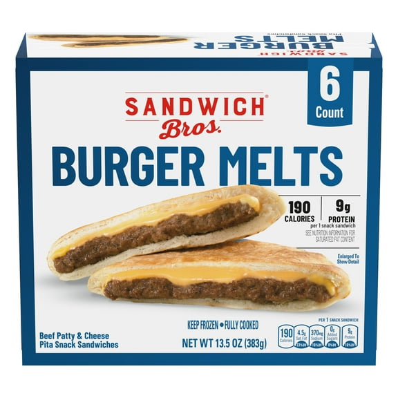 Sandwich Bros Angus Beef Patty Cheeseburger, Frozen Pita Pocket Sandwiches, Frozen Meal, 6 Count, 13.5 oz (Frozen)
