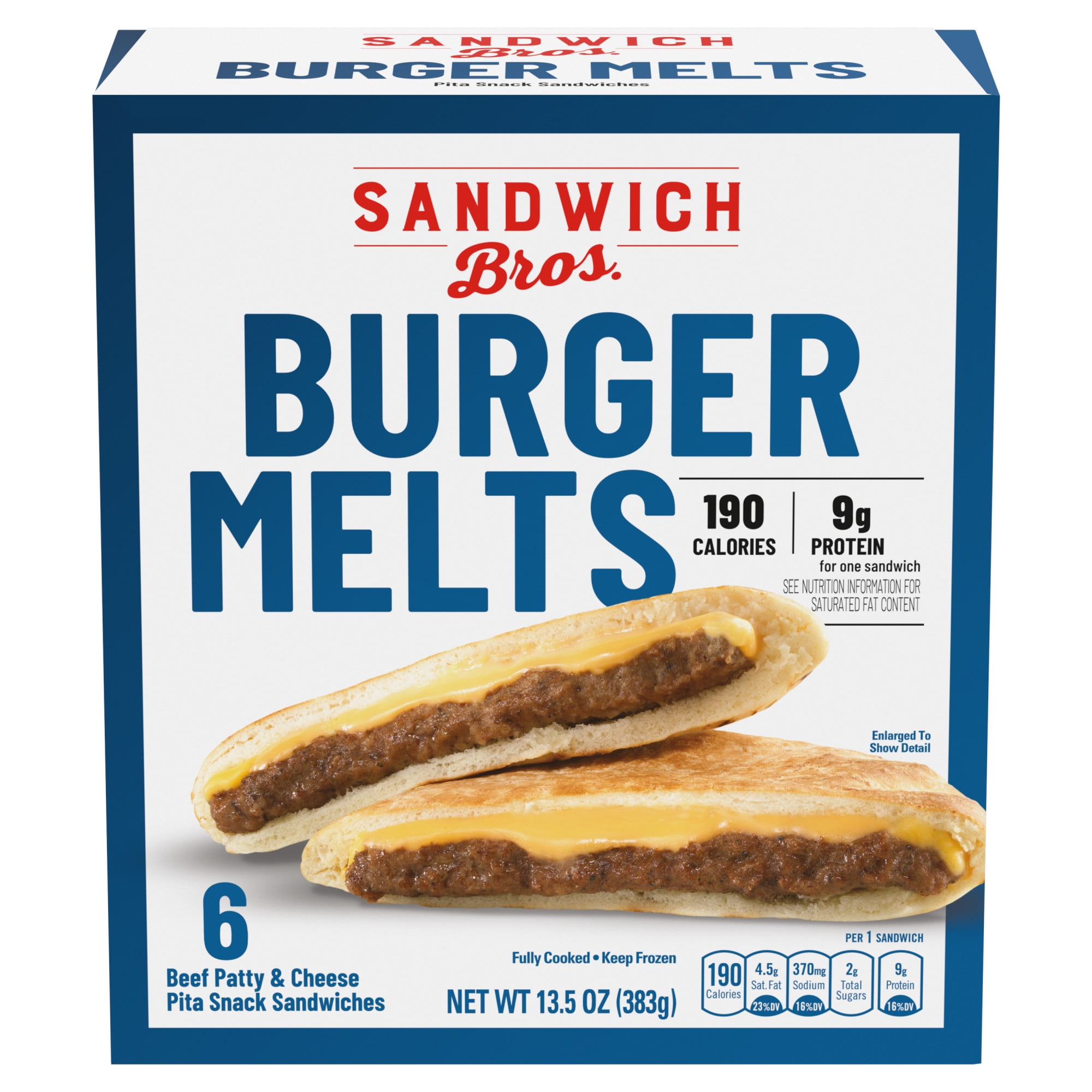 Sandwich Bros Angus Beef Patty Cheeseburger, Frozen Pita Pocket Sandwiches, Frozen Meal, 6 Count, 13.5 oz (Frozen)