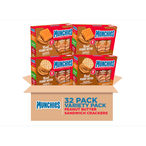 Sandwich Crackers Assorted Peanut Butter Variety Pack, Made with Real Peanut Butter, 32 Count