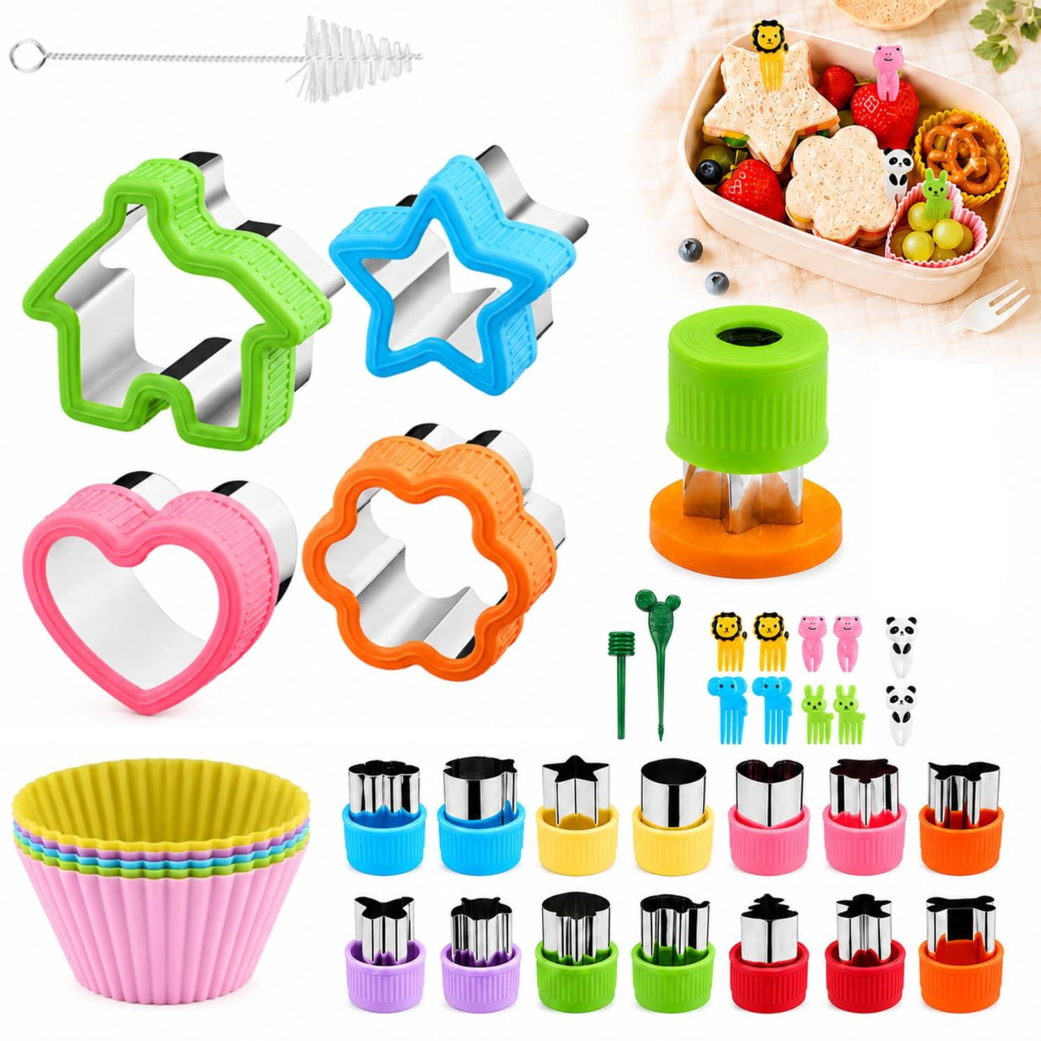 Sandwich Cutters for Kids Lunch, 36-Piece Set with Stainless Steel Bread and Cookie Cutters, Cartoon Food Picks and Silicone Baking Cups for Bento Lunches, Ages 6-12