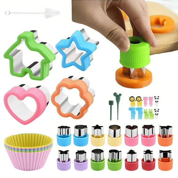 Sandwich Cutter for Kids,36 Pcs Sandwich Cutter and Sealer Set with Cartoon Fruit Forks and Cake Cups,Lunch Cutters for Boys and Girls 6-12